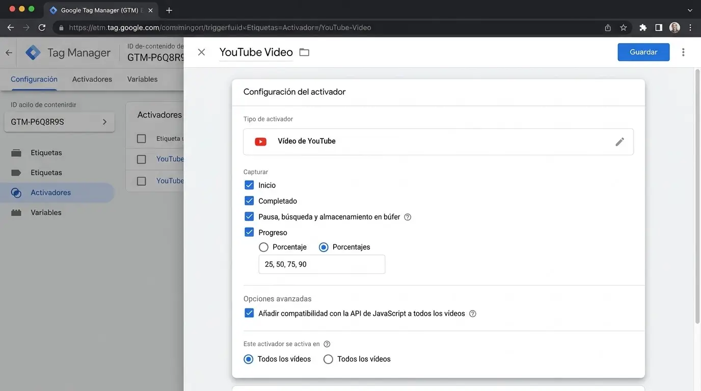 El «Termómetro» de tu VSL: Cómo segmentar clientes según cuánto tiempo ven tu video de ventas 2 captura de pantalla de GTM con un trigger de video configurado